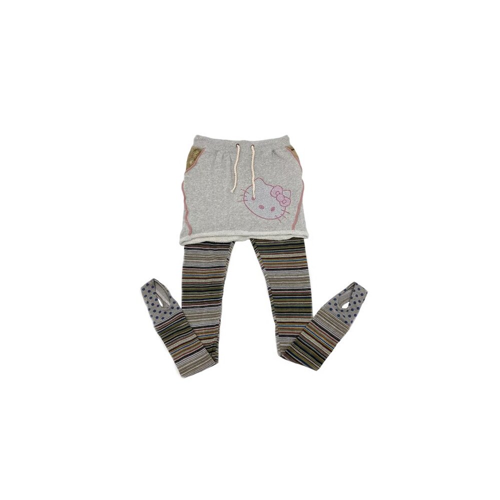 Japanese Cotton Hello Kitty Knit Stretch Mini Skirt + Low-Waist Striped Leggings